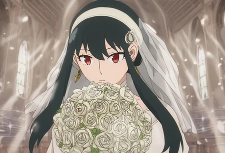 yor briar, black hair, red eyes, earrings, white hairband, hairband, long hair, sidelocks, wedding dress, bouquet, church, soft sunlight, best quality, high res