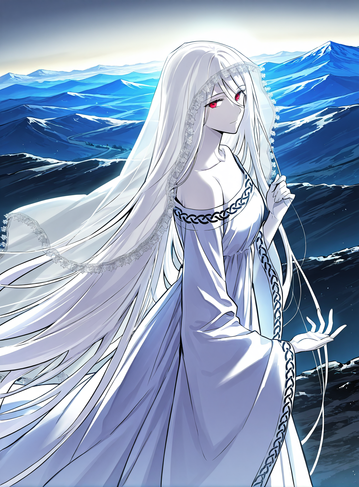 <lora:Yuridika__Doom_Breaker__Illustrious:1>
1 girl, red eyes, pale skin, hair between eyes, white hair, very long hair, bangs
white dress, veil, collarbone, wide sleeves, long sleeves, bare shoulders,
score_9, score_8_up, score_7_up, source anime, BREAK, cowboy shot, (from side), looking back, looking at viewer, overlooking mountain, high altitude, scenery, exterior, background, (solo), perfect hands,