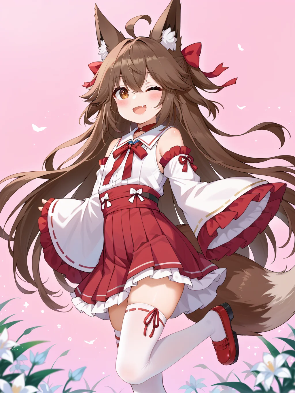 1girl,
solo, depth of field, shoe soles, ribbon-trimmed sleeves, standing on one leg, ribbon-trimmed legwear, skirt, brown eyes, wide sleeves, animal ear fluff, detached sleeves, blurry, ;d, ahoge, fang, thighhighs, pleated skirt, brown hair, long sleeves, blush, smile, long hair, red skirt, one eye closed, very long hair, red footwear, white thighhighs, shoes, animal ears, looking at viewer, tail, sleeves past wrists, fox ears, open mouth, two-tone background, hair between eyes, standing, blurry foreground, ribbon trim, fox tail,
A young girl with long brown hair and a red bow on her head. she is wearing a white dress with a red skirt and a pair of red shoes. the dress has a high neckline and long sleeves. the girl is standing in front of a pink background with small white flowers scattered around her.
score_9, score_8_up, score_7_up, source_anime
<lora:style016:0.8>
