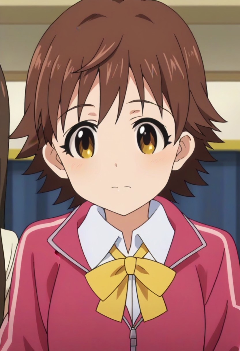 best quality, masterpiece, anime screencap, anime coloring, 1girl, solo, <lora:mio-imascgPDXL:0.8>, mio honda, short hair, white collared shirt, yellow bowtie, pink track jacket,brown eyes,brown hair,