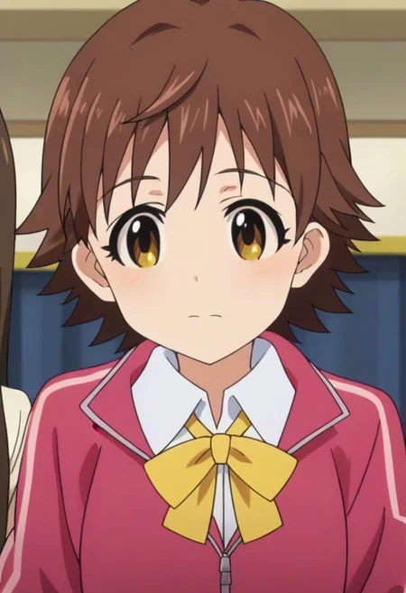 best quality, masterpiece, anime screencap, anime coloring, 1girl, solo, <lora:mio-imascgPDXL:0.8>, mio honda, short hair, white collared shirt, yellow bowtie, pink track jacket,brown eyes,brown hair,