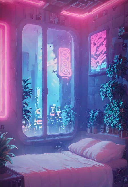 score_9,score_8_up,score_7_up,score_6_up, 
steaming coffee cup on windowsill, plants on the windowsill, wall of plants, monstera plant, large plant, tidy bedrrom, small room, cramped bedroom, teddies on the bed, cyberpunk city view out of the window, neon light, purple neon lights,