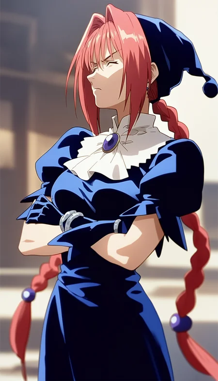 score_9,score_8_up,score_7_up,<lora:dorothy:1>,
doroshii,1girl,solo,anim style,pale skin,red eyes,long pink hair,bangs,two braided pigtails,black cap with ball on end,black dress,short puffed sleeves,tight around torso,shows breast shape,white collar,mail coach tie,dark purple jewel on tie,black gloves up to elbows,metal bracelets on wrists,facing viewer,head lowered and looking towards the left front,closed eyes,disgust expression,furrowed brow,closed mouth,crossed arms,portrait,
vignetting,blurry background,