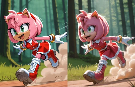 1girl, solo, full body, no humans, green hill zone, forest, grass, ,
<lora:Movie-Amy:1> movieamy, pink fur, green eyes, animal nose, body fur, hedgehog tail, petite, short legs,
short hair, bob cut, red hairband,
red dress, sleeveless dress, backless outfit, white belt, collared dress, gold bracelet,
white socks, white gloves, standing, lace-up boots, red boots, white boots, two-tone boots, looking ahead,
running, speed lines, motion blur, outstretched arms, :d, happy, dust, dust cloud, leaning forward, fang, blurry background, , extremely detailed, highres, masterpiece, best quality