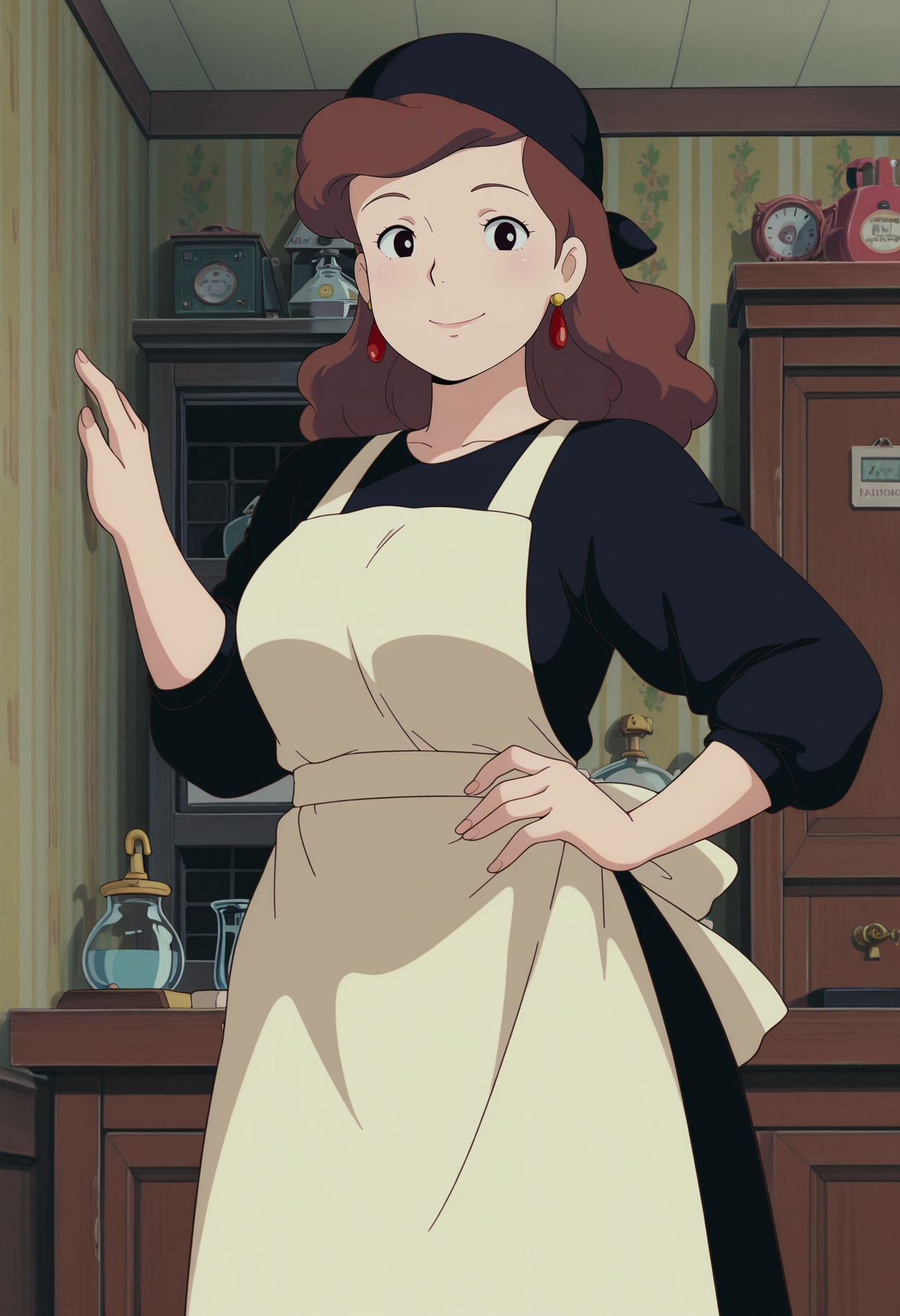 1girl,solo,mm,mature female,brown hair,long hair,earrrings,hat,anime coloring,
,apron,dress,cowboy shot, hand on own hip, looking at viewer, smile,indoors
,masterpiece,best quality,amazing quality,<lora:Kokiri-Kikis_Delivery_Service_ix:0.8>
