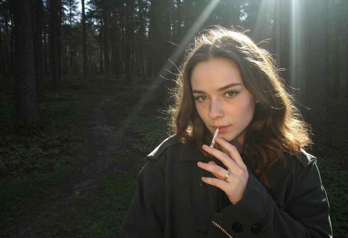 low-resolution photo, shot on a mobile phone, noticeable graininess, no visible JPEG artifacts, some lens flare from the sunlight in the background. Young woman, early 20s, casual style, wearing dark trench coat, long wavy brown hair cascading over her shoulders, looking direct at the viewer, makeup, outdoors in the dark forest, autumn, holding a cigarette to her lips, smoking cigarette, sunlight filtering through the trees