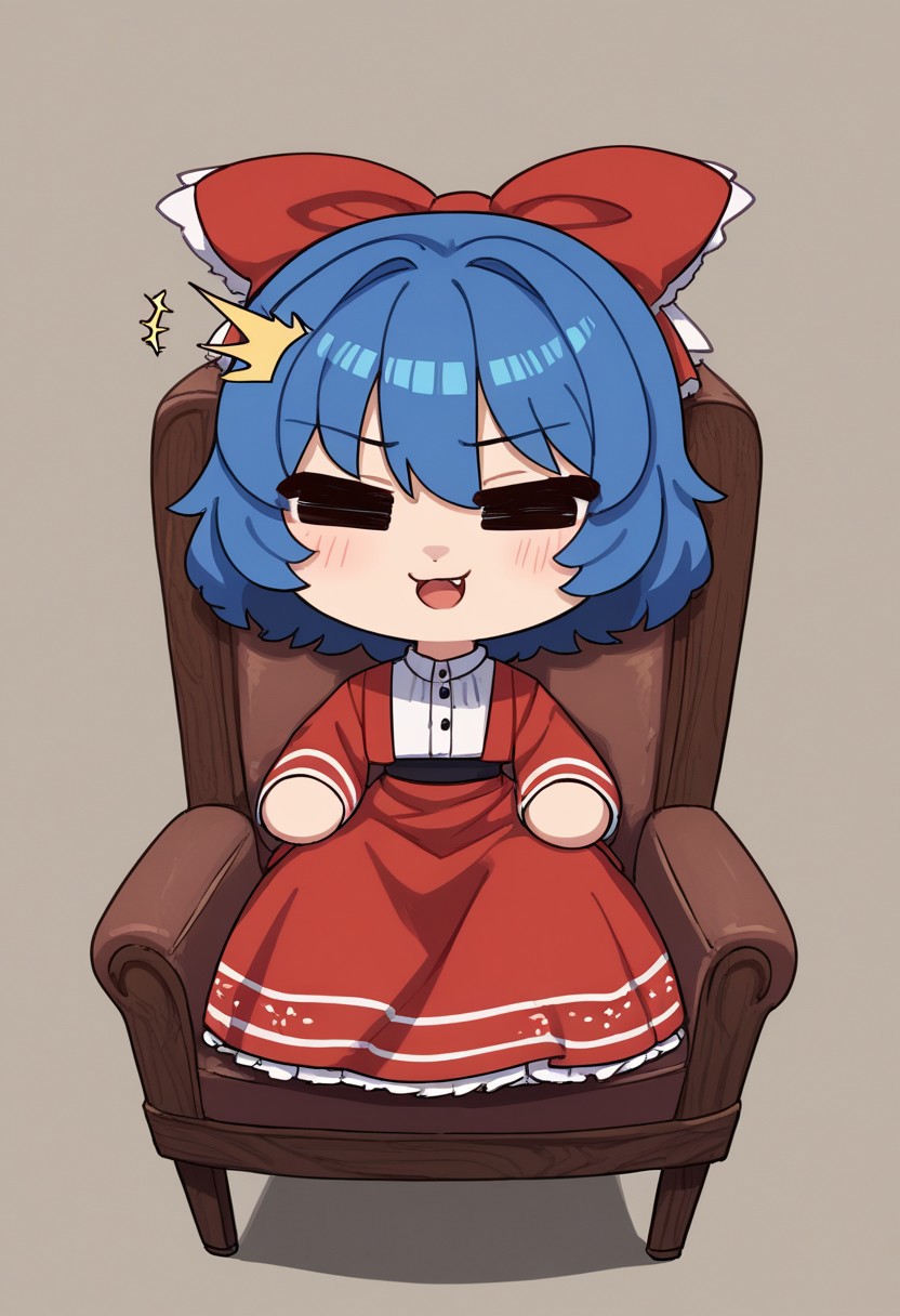 score_9, score_7_up, source_anime, masterpiece, best quality, detailed, perfect, perfection, aesthetic, absurd, detailed, Jo2n
1girl, chibi, fumo, red dress, blue hair bow, ^^, 
sitting, inddors, chair, three-quarter view