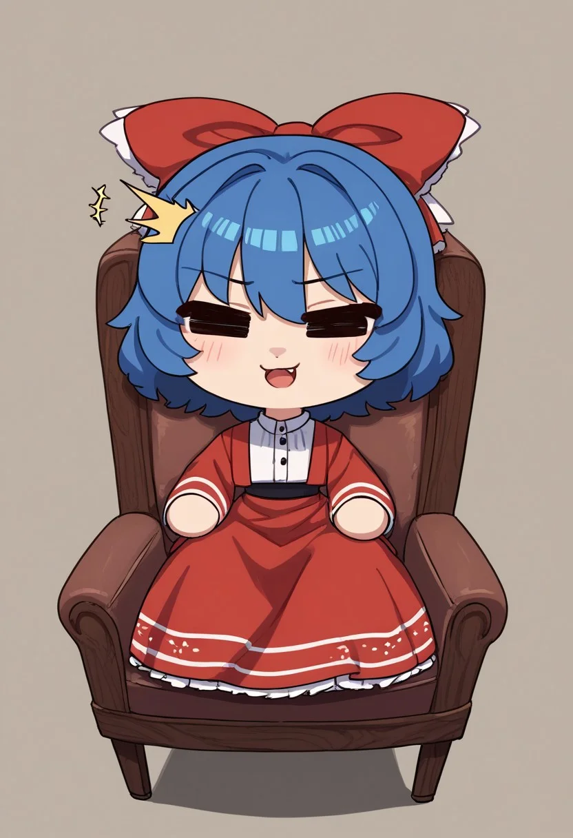 score_9, score_7_up, source_anime, masterpiece, best quality, detailed, perfect, perfection, aesthetic, absurd, detailed, Jo2n
1girl, chibi, fumo, red dress, blue hair bow, ^^,
sitting, inddors, chair, three-quarter view