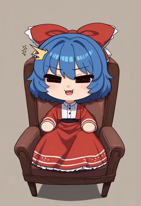 score_9, score_7_up, source_anime, masterpiece, best quality, detailed, perfect, perfection, aesthetic, absurd, detailed, Jo2n
1girl, chibi, fumo, red dress, blue hair bow, ^^,
sitting, inddors, chair, three-quarter view