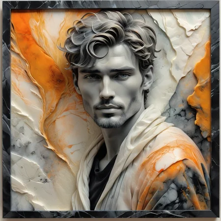 male model print, ethereal style, graying, alcohol ink, wool, impressionism style, Framed View, orange, black, and white, marble pattern, analog grain effect, metallic accents, organic overlap, raised texture, matte finish <lora:artfully_ETHEREAL-GEOMETRIC-FLORAL-FUSION:1>,