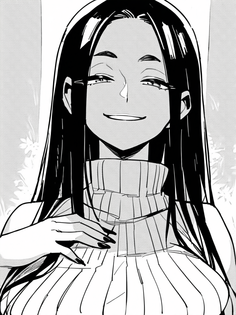 score_9, score_8_up, score_7_up,  
1girl,  monochrome, Kanako ee, black hair, long hair, large breasts, 

smile, narrowed eyes, naughty face, looking at viewer, white sweater, turtleneck, sleeveless, upper body, hand on own chest, black nails,