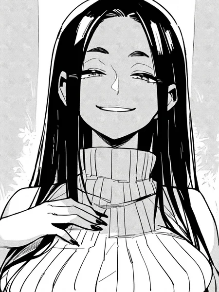 score_9, score_8_up, score_7_up,
1girl, monochrome, Kanako ee, black hair, long hair, large breasts,
smile, narrowed eyes, naughty face, looking at viewer, white sweater, turtleneck, sleeveless, upper body, hand on own chest, black nails,