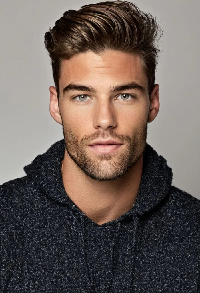 insanely attractive 31 years old male model posing for camera, looking at viewer