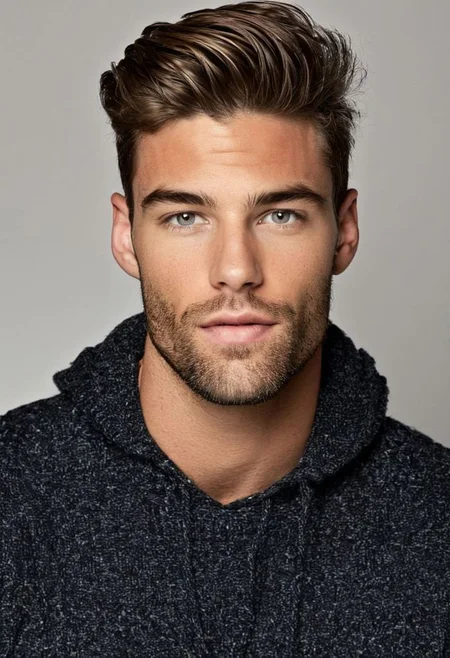 insanely attractive 31 years old male model posing for camera, looking at viewer