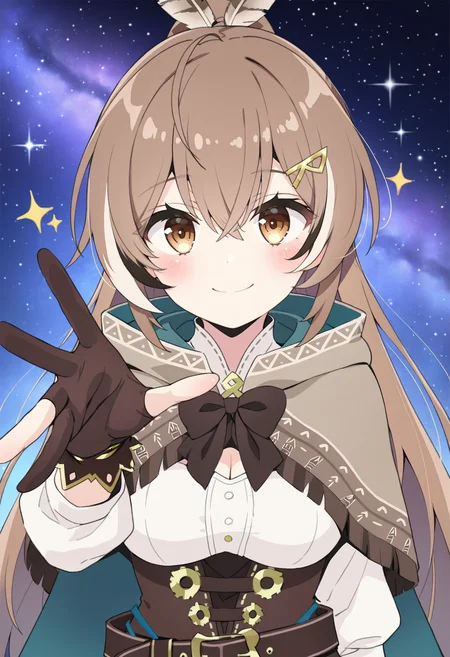masterpiece,best quality,amazing quality,
1girl, nanashi mumei, virtual youtuber, hair ornament, feathers, brown hair, feather hair ornament, gloves, long hair, ponytail, reaching towards viewer, belt, shirt, cloak, corset, brown eyes, multicolored hair, white shirt, ahoge, smile, solo, looking at viewer, very long hair, streaked hair, bangs, hairclip, cape, brown cloak, ribbon, brown capelet, skirt, brown corset, partially fingerless gloves, red skirt, capelet, star (sky), sparkle,
<lora:Saeki Tatsuya_epoch_9:1>