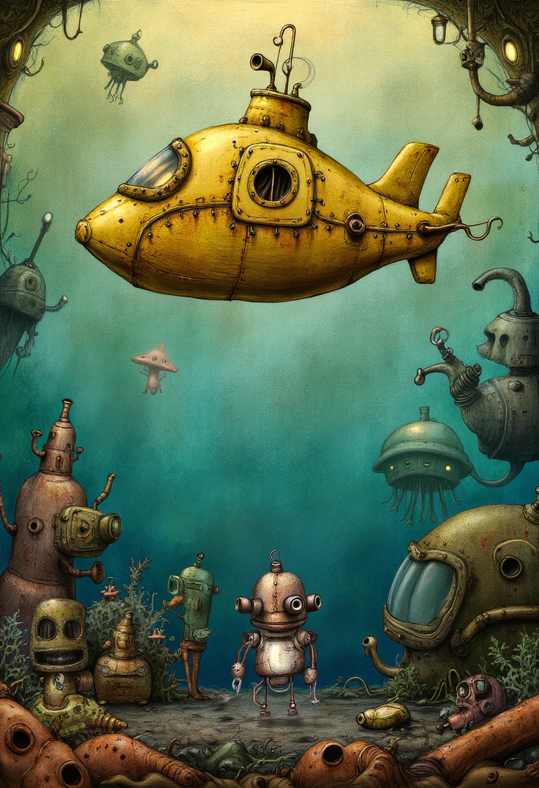 A highly detailed and intricate steampunk interpretation of The Beatles' Yellow Submarine, inspired by the Machinarium art style. The submarine is a complex mechanical marvel, adorned with brass gears, exposed pipes, intricate cogs, and glowing steam vents. The hull is decorated with elaborate engravings and Victorian-era embellishments, blending whimsical and industrial aesthetics. The Beatles are depicted as stylized robotic figures with expressive, metallic faces, wearing steampunk-inspired outfits with leather straps, brass goggles, and clockwork accessories. The environment is a surreal underwater world filled with floating, gear-powered sea creatures, rusted mechanical coral structures, and luminous steam-driven jellyfish. The atmosphere is rich in warm, golden hues, with a mix of deep blues and metallic bronzes, evoking a dreamlike yet mechanical ambiance. The entire scene is textured, painterly, and reminiscent of a hand-drawn, surreal mechanical fantasy. machinart