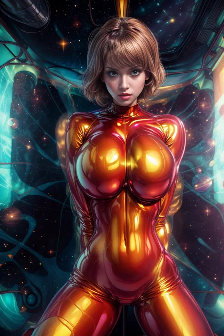 ([Kiko Mizuhara|Power Girl|Emma Watson]:0.8), solo, straddling a very tall stool, in a bright solarium in space, (looking down:1.0), (skinny:0.7), ((tight:1.4) (shiny:1.7) latex body suit:0.9), (necklace:0.8), (muscular legs:0.75), (toned body:1.2), (thin waist:1.0), (huge breasts:0.9), v arms, (glistening skin:0.9), science fiction, (photorealism:0.05), (cowboy shot:1.0),
<lora:breastsizeslideroffset:0.5> <lora:eye_size_slider_v1:2.2> <lora:add_detail:1.8> <lora:breasts_squeezed_together_v0.2:1.0>