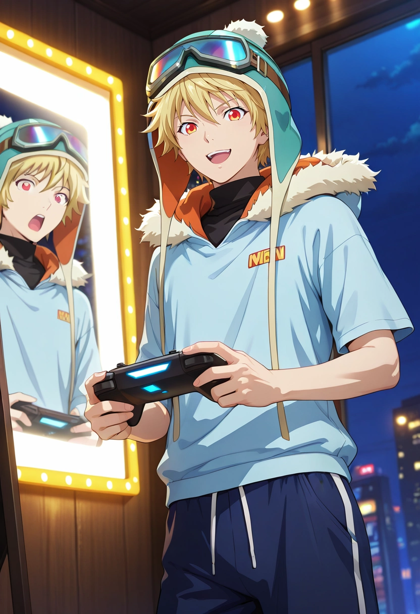 masterpiece, best quality, , (3d:0.4), looking at viewer, 1boy, solo, male focus, <lora:yukine_noragami_ilxl:0.98>, yukine_noragami, blonde hair, red eyes, orange eyes, hood, fur trim, hat, neon arcade, retro games, LED lights, mirror reflections, playing games, excited expression, night, low angle, Tailored sweatpants, Turtleneck T-shirt, Espadrilles, , Goggles