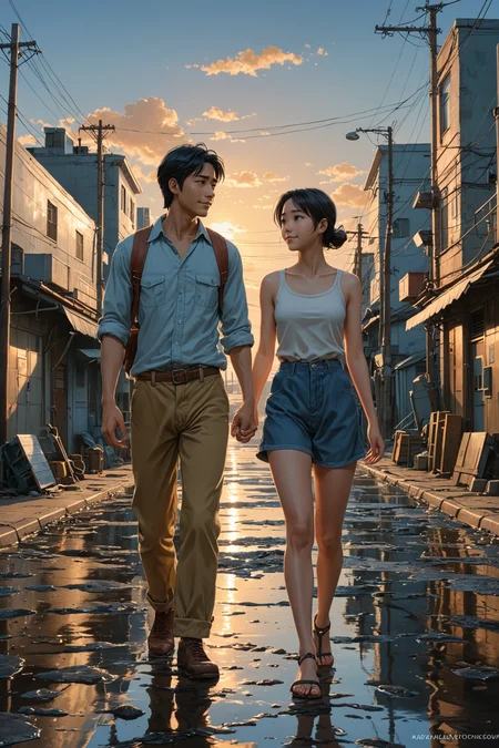 by Makoto Shinkai and Alesya Osadchaya in the style of Milos Nejezchleb and Jason Edmiston