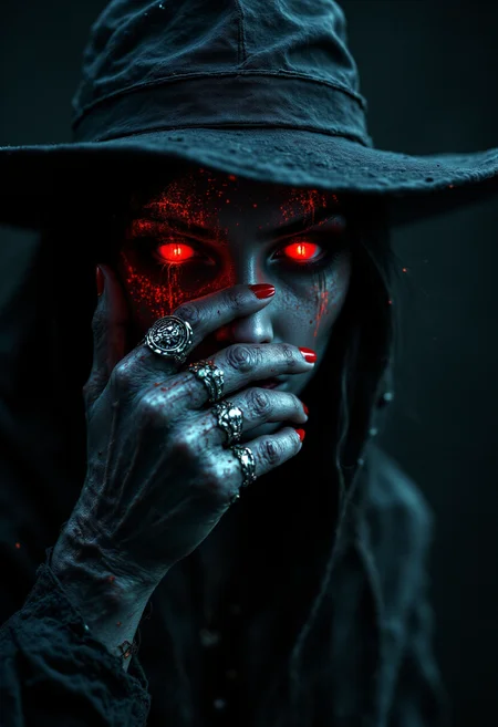 a dark, atmospheric portrait featuring a mysterious figure. The subject is wearing a wide-brimmed, textured hat and a cloak, both in dark, muted tones. The face is partially obscured by a hand adorned with multiple ornate rings, each with intricate designs. The skin is pale with a bluish tint, and the fingers are long and slender. The most striking feature is the subject's glowing red eyes, which emit a subtle, eerie light. The nails are painted a vivid red, matching the eyes. The background is a deep, shadowy blue, enhancing the overall mysterious and supernatural theme of the image. aidmafluxpro1.1 <lora:aidmaFLuxPro1.1_v0.3:1>