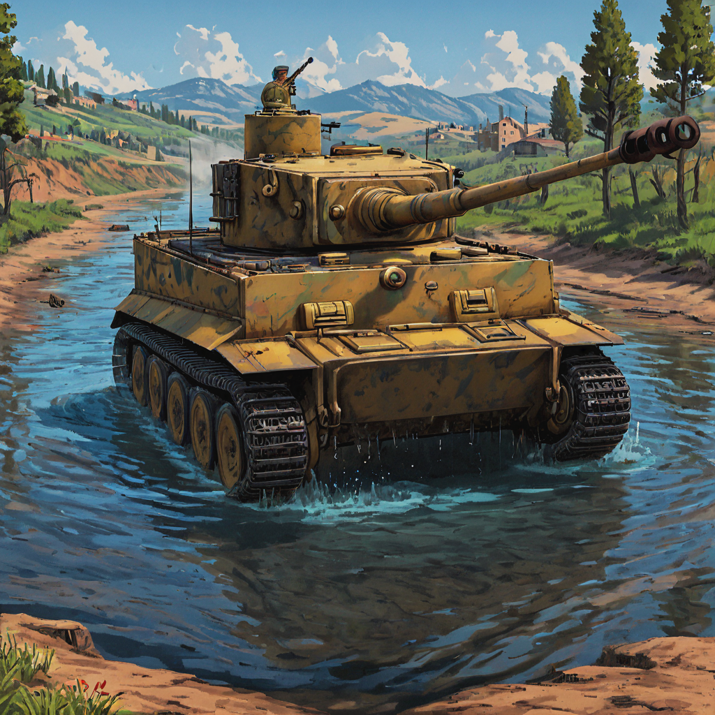 A tgrtnk tank fords a shallow river on the Italian Front, water churning around its hull. The tank's reflection merges with the picturesque, yet contested, landscape of Italy, underscoring the challenges of mountainous and riverine warfare  ((pulp_comic, heavy_lines, hand_drawn, hand_inked, hand_colored, perfect_face, apxlz))