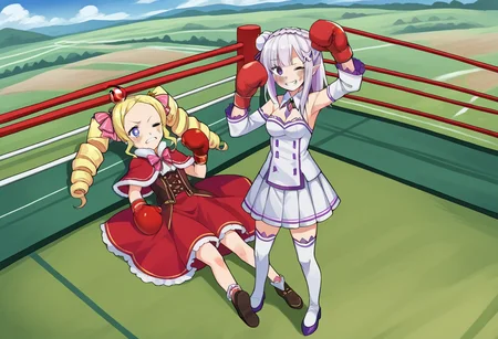 bruised eye, bruise on face, one eye closed, clenched teeth, boxing gloves, red boxing gloves, <lora:girlsboxingdownlorapony1-000100:0.3>, gbdown, full body, score_9, score_8_up, score_7_up, source_anime, 2girls, outdoors, landscape, BREAK
<lora:rezero-beatrice-s3-leak-ponyxl-lora-nochekaiser:0.4>, beatrice, long hair, blue eyes, blonde hair, twintails, hair ribbon, sidelocks, symbol-shaped pupils, drill hair, twin drills,
dress, ribbon, fur trim, capelet, crown, mini crown, red capelet, frills, bowtie,
lying, on back, lying on back, BREAK
bruised eye, bruise on face, rezeroemilia, <lora:rezero-emilia-ponyxl-lora-nochekaiser:0.4>, emilia, braid, crown braid, flower, hair flower, hair ornament, hair ribbon, long hair, pointy ears, purple eyes, white hair, x hair ornament,
detached collar, detached sleeves, frilled sleeves, frills, long sleeves, miniskirt, pleated skirt, ribbon, skirt, thighhighs, white skirt, white sleeves, white thighhighs, wide sleeves, zettai ryouiki,
shoes, arms up, smile, happy, standing, looking at viewer,