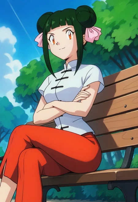 score_9, score_8_up, score_7_up, score_6_up, <lora:PMCassandra-000009:0.8>, PMCassandra, orange eyes, green hair, blunt bangs, double bun, sidelocks, hair ribbon, pink ribbon,
chinese clothes, white shirt, short sleeves, red pants, capri pants, black footwear, 
sitting, bench, crossed legs, crossed arms, seductive smile, 
BREAK, blue sky, day, sunlight, outdoors, nature,