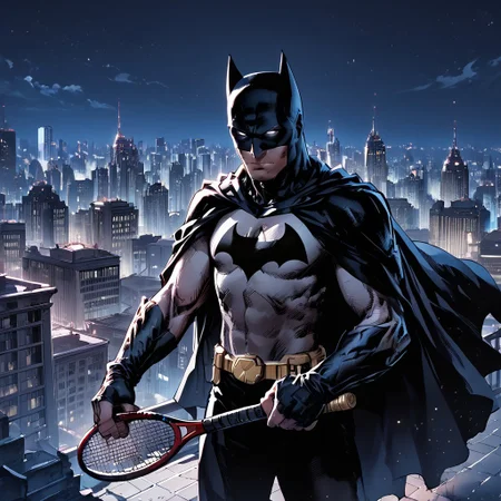 score_9, score_8_up, score_8,masterpiece,detailed,,1boy,batman,rooftop,city skyline,cape,cowl,white eyes,bat symbol on chest,night,holding a tennis racket