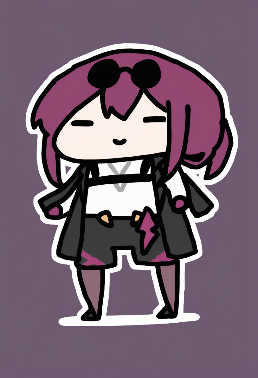 chibi, masterpiece, best quality, <break> full body, solo, 1girl, kafka \(honkai: star rail\), honkai: star rail, smile, standing, purple hair, eyewear on head, black jacket, white shirt, purple gloves, high-waist shorts, pantyhose