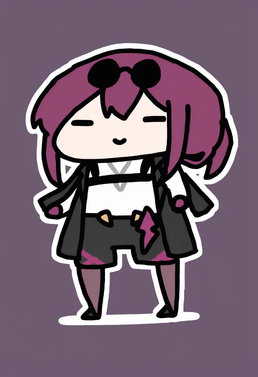 chibi, masterpiece, best quality, <break> full body, solo, 1girl, kafka \(honkai: star rail\), honkai: star rail, smile, standing, purple hair, eyewear on head, black jacket, white shirt, purple gloves, high-waist shorts, pantyhose