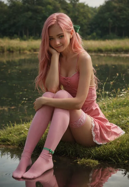score_9_up, score_8_up, score_7_up, score_6_up, 1girl, 25 years old, perfect face, sexy, (adult:1.2),
pink thighhighs, ((bow legwear)), green bow,
hugging own legs, skindentation,
sitting, leg focus, foreshortening,
green eyes,
long hair, pink hair, hair bow, sidelocks,
pink dress, green bow, green belt,
grass, lake, reflection, shy smile, blush, breasts