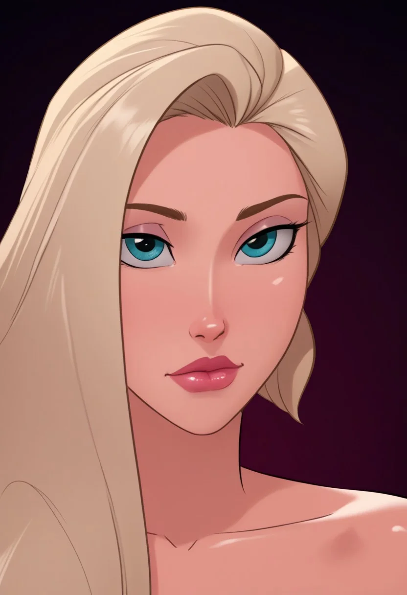 (score_9, score_8_up, score_7_up, score_6_up, score_5_up, score_4_up), (extremely detailed, best quality, highly detailed, realistic, hyperdetailed, high resolution), (depth of field), (backlit), (masterpiece), (rating explicit), (close-up), (anatomically correct), (correct anatomy), (source_cartoon, lineless), (Jabstyle), (DisneyRenstyle), (nude, sexy, seductive, skinny, hot, perfectly Rapunzel Elsa Frozen TJane, ultra detailed eyes, intricately designed face, closed mouth, massive sexy breast, thick lips, shiny skin, hourglass figure, narrow waist), (Marie John North)