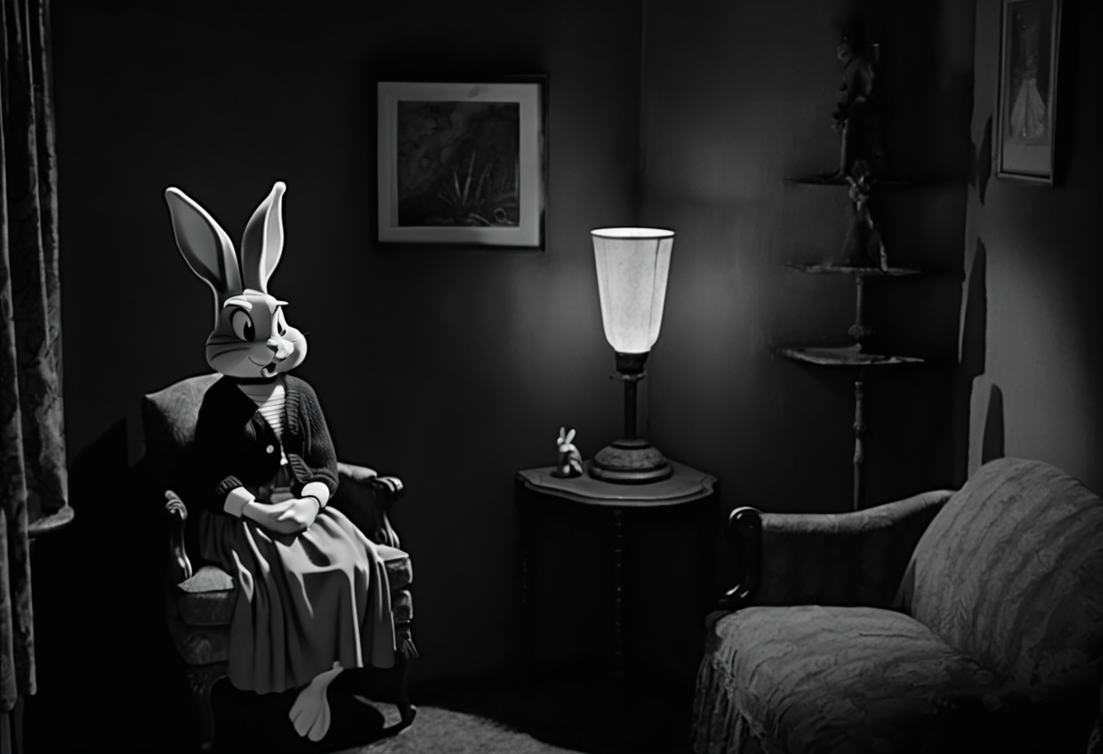 3h3dstyl, Bugs Bunny sitting solemnly in a dimly lit living room, her hands folded in her lap, dressed in a cardigan and skirt; a single lamp on a side table casts a narrow cone of light upward, creating a stark contrast with the surrounding darkness; behind her, floral curtains hang beside a shadowy corner shelf and a small tiered table holding decorative figurines, the walls stained and cracked, contributing to the eerie, somber atmosphere of the scene <lora:Eraserhead Style SDXL_v1:0.8>