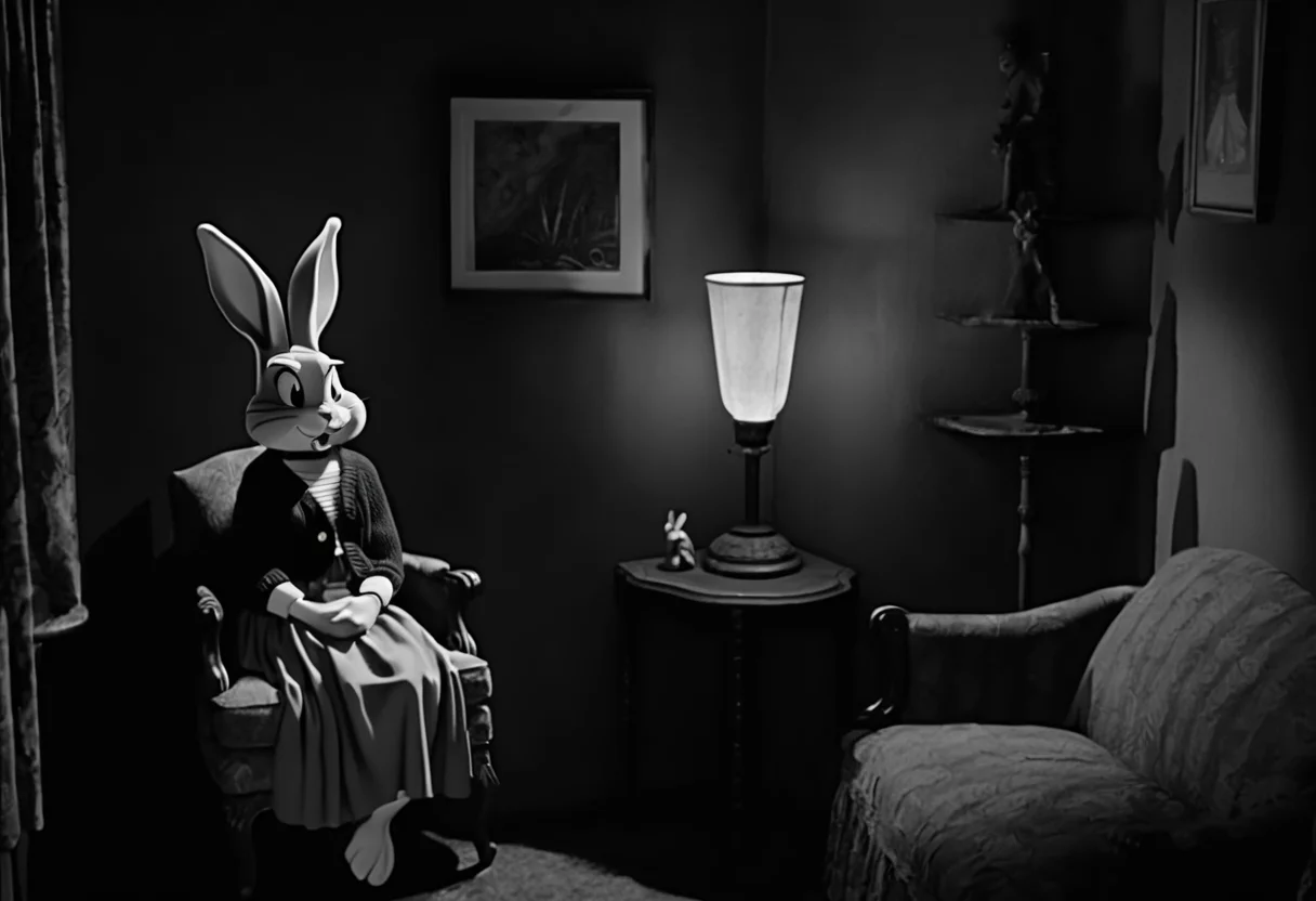 3h3dstyl, Bugs Bunny sitting solemnly in a dimly lit living room, her hands folded in her lap, dressed in a cardigan and skirt; a single lamp on a side table casts a narrow cone of light upward, creating a stark contrast with the surrounding darkness; behind her, floral curtains hang beside a shadowy corner shelf and a small tiered table holding decorative figurines, the walls stained and cracked, contributing to the eerie, somber atmosphere of the scene <lora:Eraserhead Style SDXL_v1:0.8>