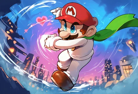 score_9, score_8_up, score_7_up , masterpiece, beautiful, 1 boy, solo, jumping mid air, dynamic pose, kick mid air,ITMario,cartoon-style,red hat, moustache, round nose, brown shoes, white gloves,brown hair, blue eyes,
,
, green scarf.
cat Boy, furry, cute, chibi, cat ears, animal nose, o o,
white long sleeves sweater, white pants, standing, hearts rain, city backgorund, white colored city
