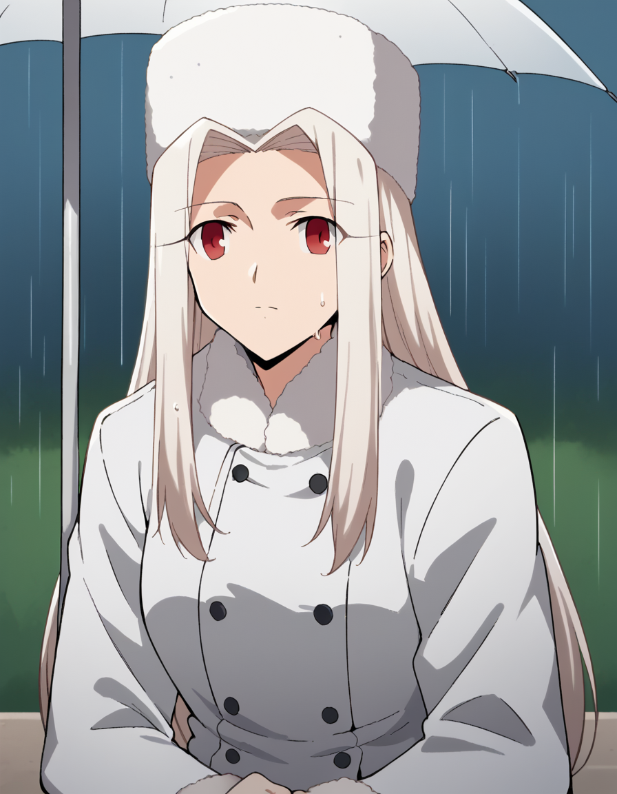 score_9, score_8_up, score_7_up, source_anime, <lora:irisviel-von-einzbern-zero-anime-ponyxl-lora-nochekaiser:1>, irisviel von einzbern, long hair, red eyes, white hair, parted bangs, hair intakes, mature female,, hat, coat, fur trim, white headwear, white coat, winter clothes, fur hat, winter coat,, rainy day, umbrella, walking home, puddles, wet hair, , <lora:the-pose-ponyxl-lora-nochekaiser:1>, the pose, on stomach, feet up, lying, soles, feet, legs up, head rest, barefoot, looking at viewer, solo,, dutch angle, cowboy shot