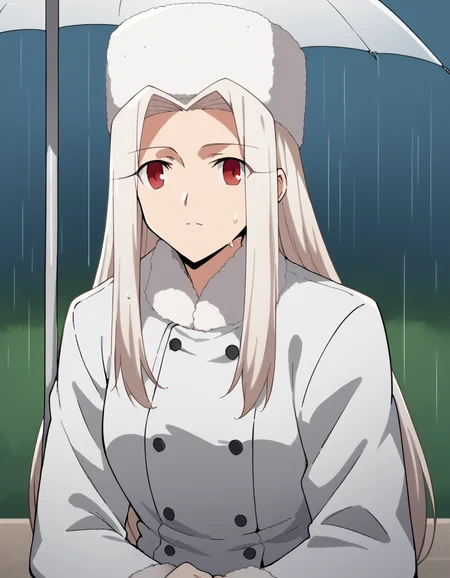 score_9, score_8_up, score_7_up, source_anime, <lora:irisviel-von-einzbern-zero-anime-ponyxl-lora-nochekaiser:1>, irisviel von einzbern, long hair, red eyes, white hair, parted bangs, hair intakes, mature female,, hat, coat, fur trim, white headwear, white coat, winter clothes, fur hat, winter coat,, rainy day, umbrella, walking home, puddles, wet hair, , <lora:the-pose-ponyxl-lora-nochekaiser:1>, the pose, on stomach, feet up, lying, soles, feet, legs up, head rest, barefoot, looking at viewer, solo,, dutch angle, cowboy shot