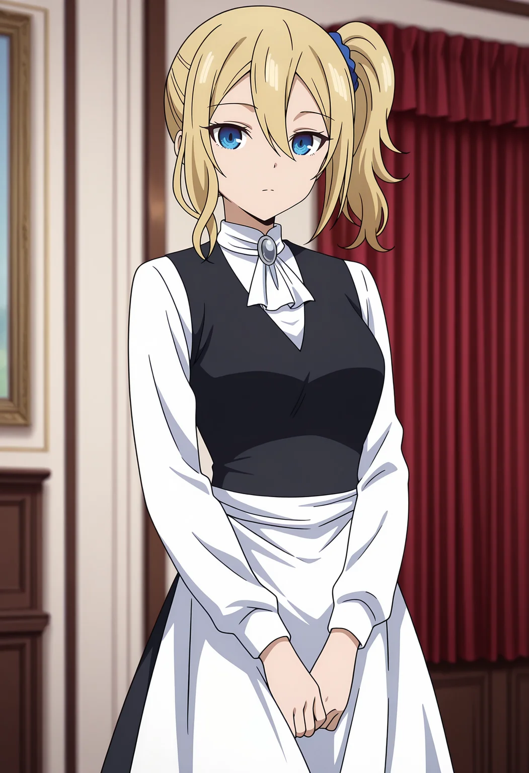anime screencap, masterpiece, best quality,
<lora:Kaguya-samaWaKokurasetai_HayasakaAi_IlluXL:0.9>,
1girl, solo, expressionless,
side ponytail, hair between eyes, long hair, blonde hair, blue eyes, hair scrunchie, blue scrunchie,
grey brooch, white ascot, black vest, white shirt, long sleeves, waist apron, white apron,
long skirt, black skirt,
v arms, standing, looking at viewer, cowboy shot,
indoors, bedroom, curtains, photo background, blurry background
