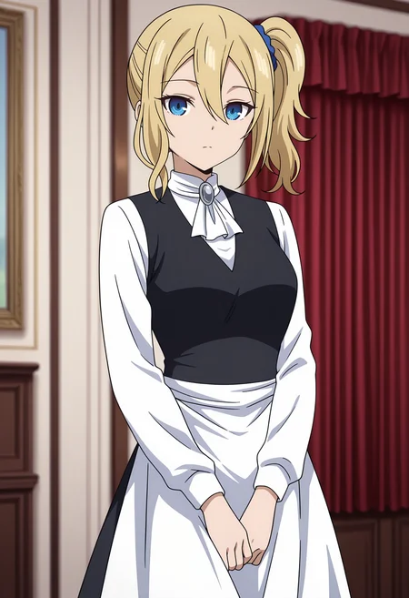 anime screencap, masterpiece, best quality,
<lora:Kaguya-samaWaKokurasetai_HayasakaAi_IlluXL:0.9>,
1girl, solo, expressionless,
side ponytail, hair between eyes, long hair, blonde hair, blue eyes, hair scrunchie, blue scrunchie,
grey brooch, white ascot, black vest, white shirt, long sleeves, waist apron, white apron,
long skirt, black skirt,
v arms, standing, looking at viewer, cowboy shot,
indoors, bedroom, curtains, photo background, blurry background