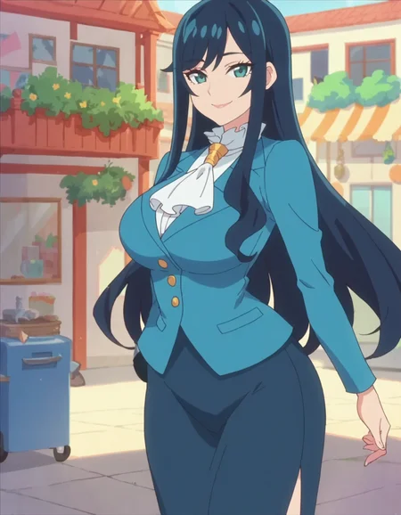 score_9, score_8_up, score_7_up, 1girl, solo, anime screencap, long hair, blue hair,aqua eyes, blue jacket, looking at viewer, ascot, skirt suit, pencil skirt, long skirt, bangs, smile,large breasts,wide hip,<lora:Fuwahatsuko:0.8>