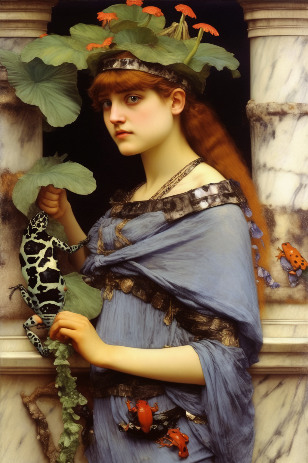 <lora:Lawrence Alma Tadema Style:1>Lawrence Alma Tadema Style - high resolution art nouveau painting with dart frogs and a girl made