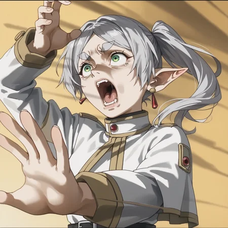 score_9, score_8_up,score_7_up,solo,
kaibanodef, open mouth, upper body, screaming, parody,1girl, frieren, green eyes, grey hair, twintails, thick eyebrows, pointy ears, earrings,white capelet with long sleeves, black belt,