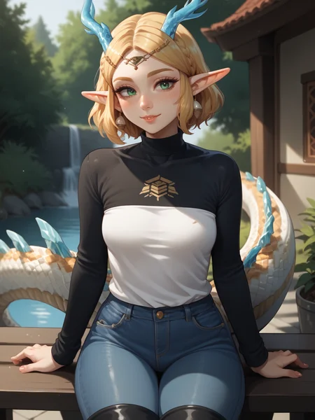 score_9, score_8_up, score_7_up, score_6_up, score_5_up, score_4_up, detailed eyes, beautiful eyes, <lora:PONYXL_FD-MegaBreastPack:0.5> <lora:Test Light dragon Zelda Hybrid:1> Zelda, blonde hair, short hair, elf ears, green eyes, hybrid, scales, white scales, horns, blue crystal horns, tail, <lora:Scalie:1> scalie, scales, temple, looking at viewer, sitting on a bench, black turtleneck sweater, skinny jeans, thigh boots,