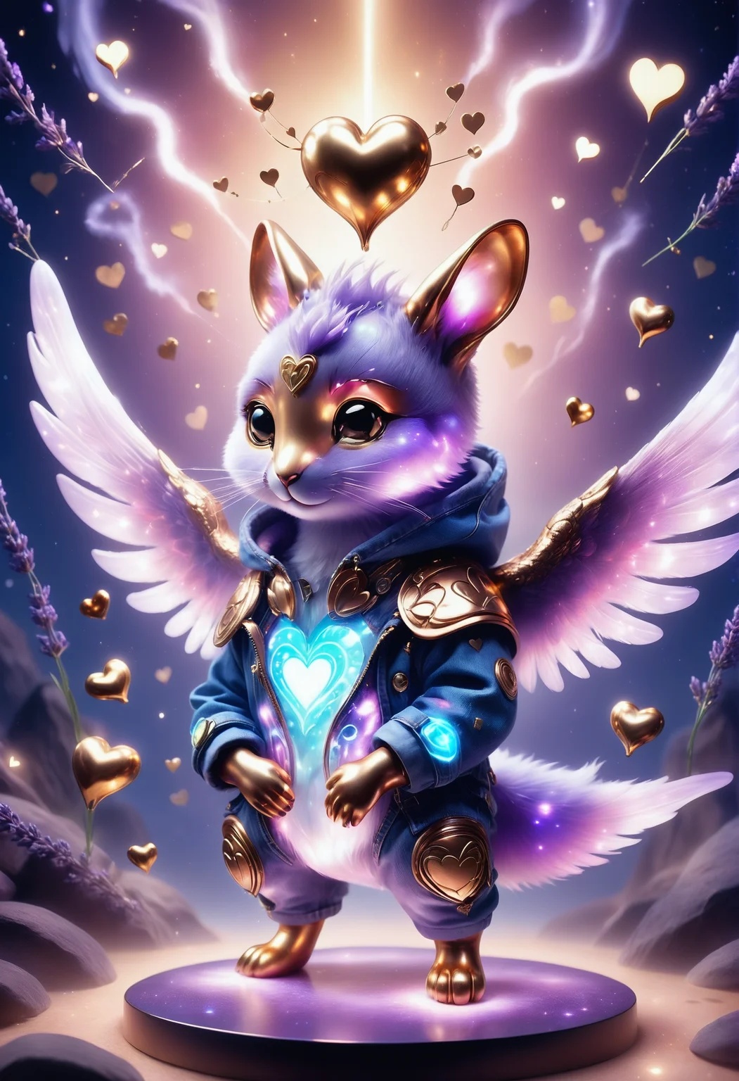 a cute zhibi domestic animal <lora:zhibi:0.8> made out of Jed-ANC <lora:ArtNouveauCopperStyle:0.9>, cuteness overload, surrounded by stardust and floating hearts <lora:heartmiststyle:0.5> in a starLS fantasy landscape <lora:stardustlandscapes-000006:0.7>, fantasy art, award winning, intricate background, sci-fi (guy:1.3) , he is wearing a denim jacket, his denim jacket has plaid print on it, at dawn, very wide view, side lit, lavender, full color, epic composition, ambient atmosphere, dynamic dramatic atmosphere, striking, sublime