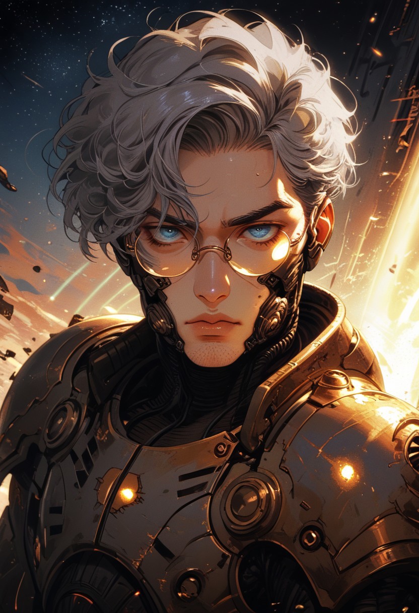 Safe_pos, (score_9, score_8_up, score_8), ultra detailed, high resolution, high quality, masterpiece, intricate details, intricate body, intricate landscape, knva, Expressiveh, European Male, (((1male))), ((male)), source_cartoon, Slender, Handsome, Masculine, ((Grey Hair, Short Hair)), (Circular Eyeglasses), (Undercut), (((Dark Facial Hair, Thick Stubble, Heavy Stubble, Light Beard))), Handsome, (Pale Skin, Delicate and Smooth Skin, Highly Detailed, Strong Jawline), (Blue Eyes), Artificer, (Steampunk Power Armor in the style of fallout-power-armor, space_space, white armor with gold-trim, magic power armor, jewels), Fantasy, Medieval, Steampunk, Space-Suit, Scholar Vibes, ((Extremely Detailed Face and Eyes)), Looking at Viewer, Soft Lighting, Warm Lighting, Unique Angle, Unique Perspective, Dramatic Angle, ((Full Body)), From Above,