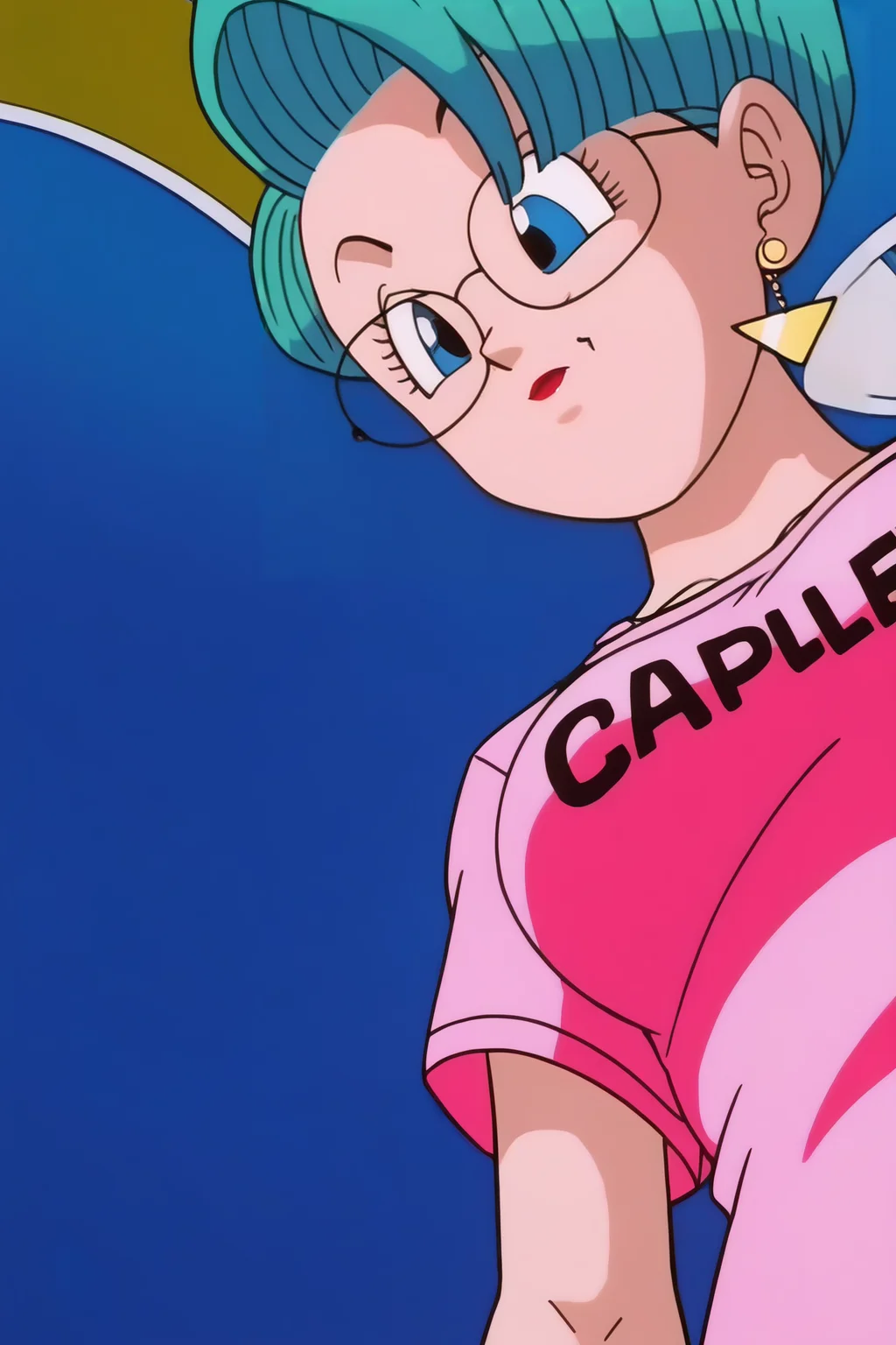 source_anime, score_9, score_8_up, score_7_up, anime screencap,8k, absurd res,
bulma, 1girl, solo, blue eyes, aqua hair, stud earrings, glasses, close-up, anime coloring, clothes writing, eyelashes, from below, breasts, looking at another, looking down, official style, pink shirt, print shirt, red lips, lipstick, short hair
<lora:bulmaGT_pony_v1:0.8>