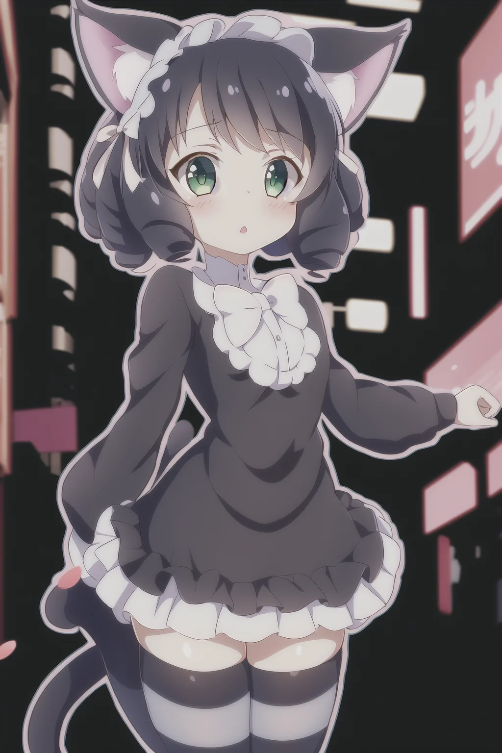 1girl, show_by_rock, cat ears, short black hair, street background, striped stockings, cat tail, dress, green eyes, curly hair, curls