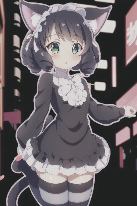 1girl, show_by_rock, cat ears, short black hair, street background, striped stockings, cat tail, dress, green eyes, curly hair, curls