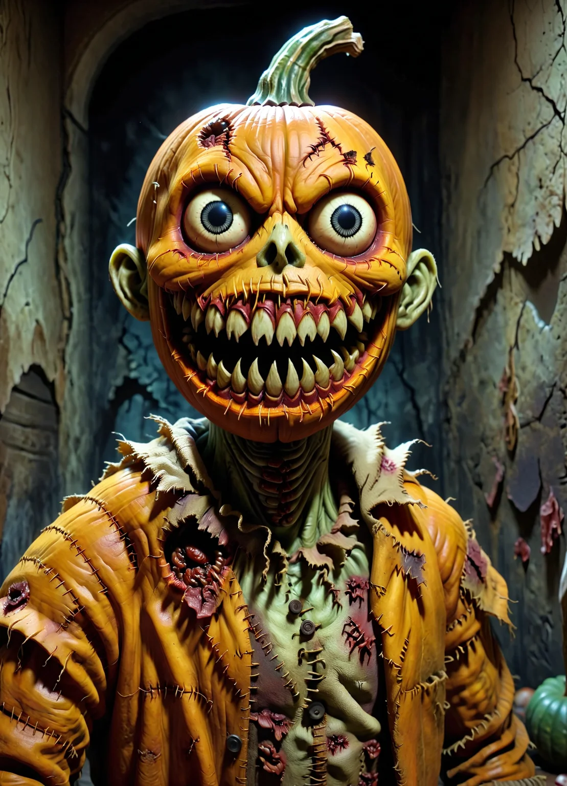 DonMCr33pyD0115XL pumpkin carving, 3d sculpting, horror movie icon, zombie-like, <lora:DonMCr33pyD0115XL:1>