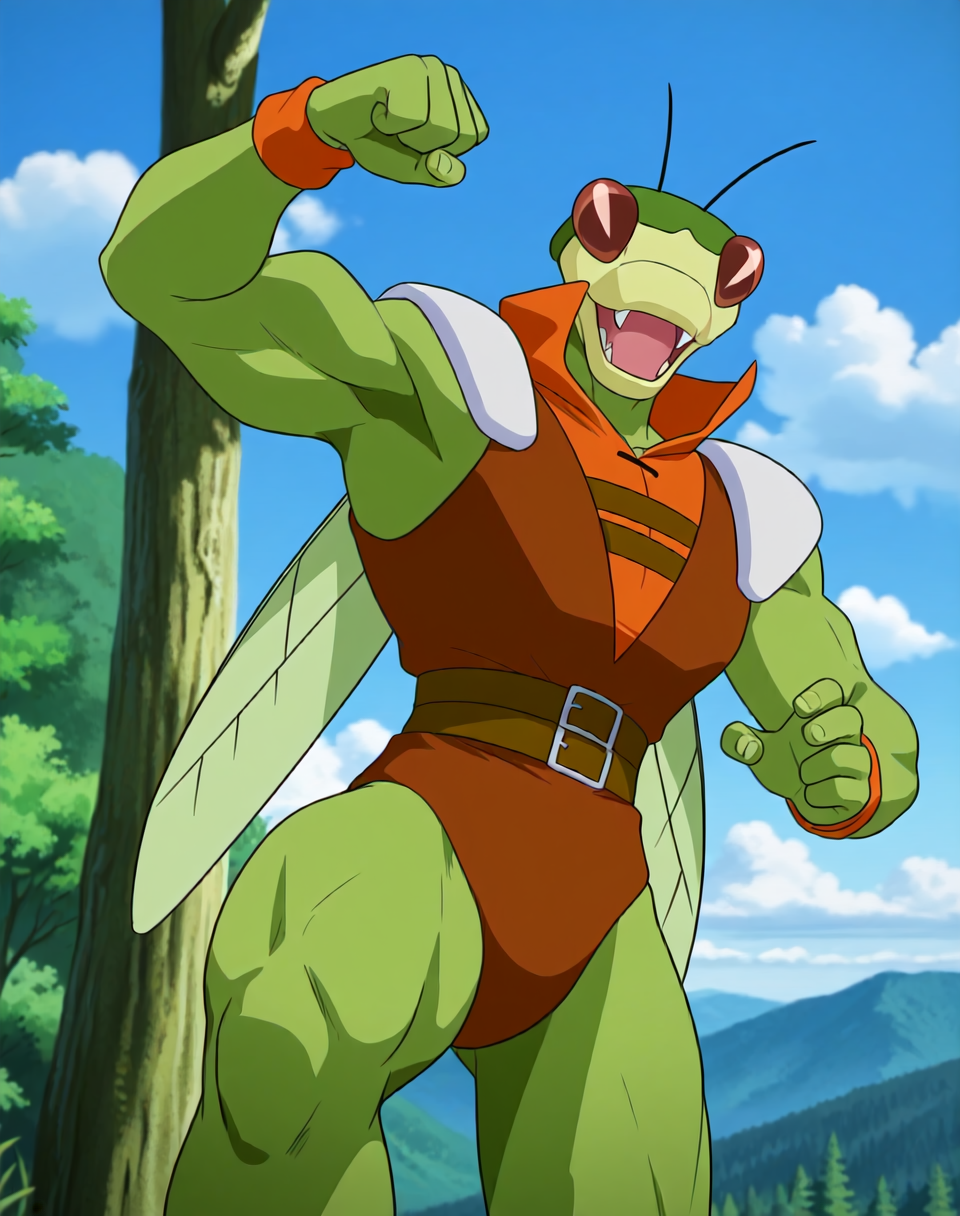 <lora:Katris_(Shinzo)_(Illustrious)_(AD):1> Katris, mantis, Shinzo, 
((
exterior, vivid anime blue sky with detailed clouds, forest, mountains, valley, tree cover, bent leg, cowboy shot, 
dynamic action, insect anthro, male focus, strong warrior, manly, bounty hunter villain, green body, manly body, bent arm, flex, mocking smile, leather villain outfit, punch, kick, 
)),
BREAK: very awe, aesthetically pleasing, masterpiece, best quality, amazing quality, very aesthetic, perfect depth of field shot, gradient coloring, subsurface reflections, 3d rendering, vivid colors, photographic realism, bare legs, green legs, 
masterpiece, best quality, amazing quality, very aesthetic, high resolution, ultra-detailed, absurdres, newest, scenery, {Prompt}, BREAK, detailed background, volumetric lighting,
BREAK: lazympos, lazypos (3),